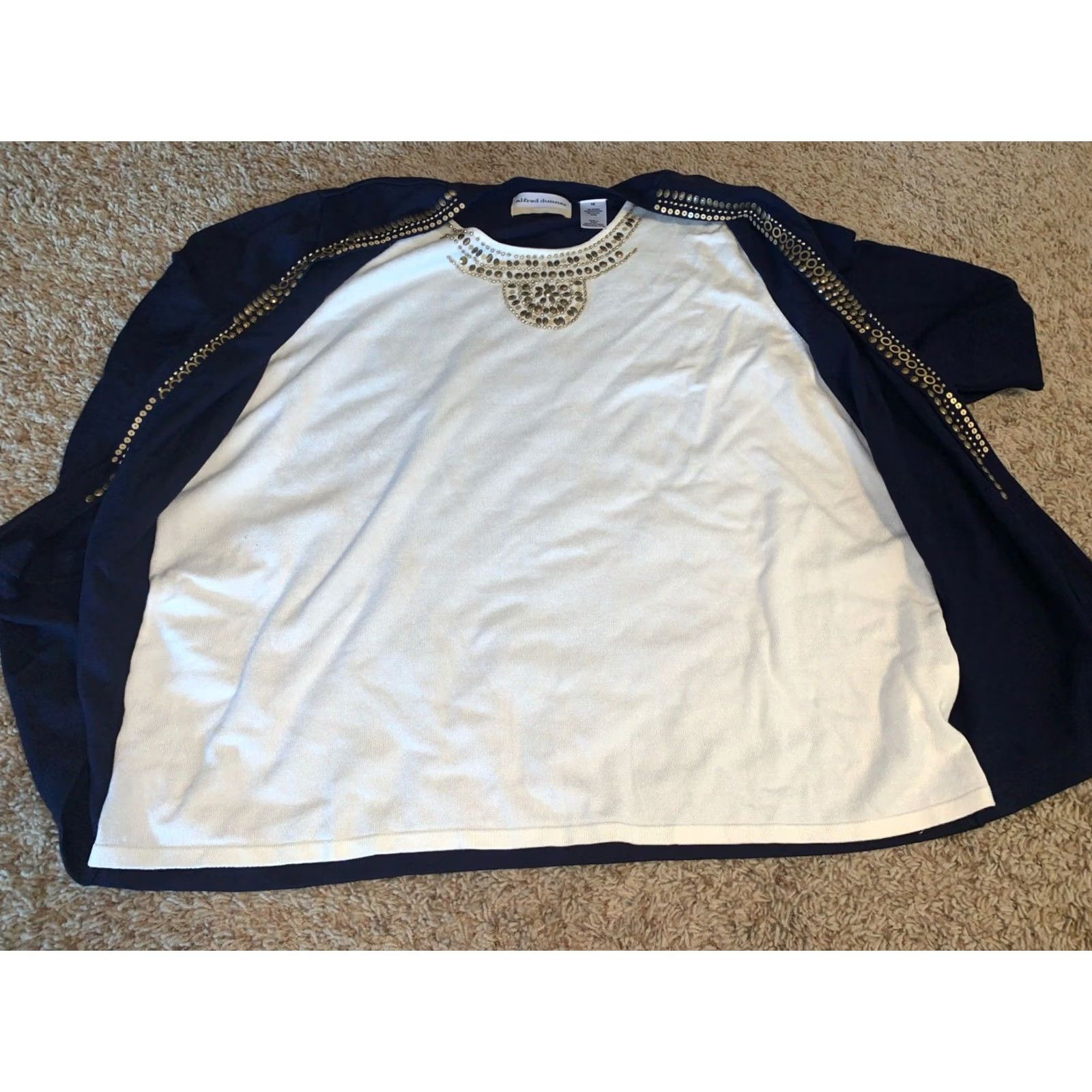 Vintage Alfred Dunner Blouse Shirt 1X Blue 3/4 Sleeve Beaded Sequin Knit Pullover Round Neck Womens Regular Basic Seasonal Casual Size XL / US 12-14 / IT 48-50 - 4 Thumbnail