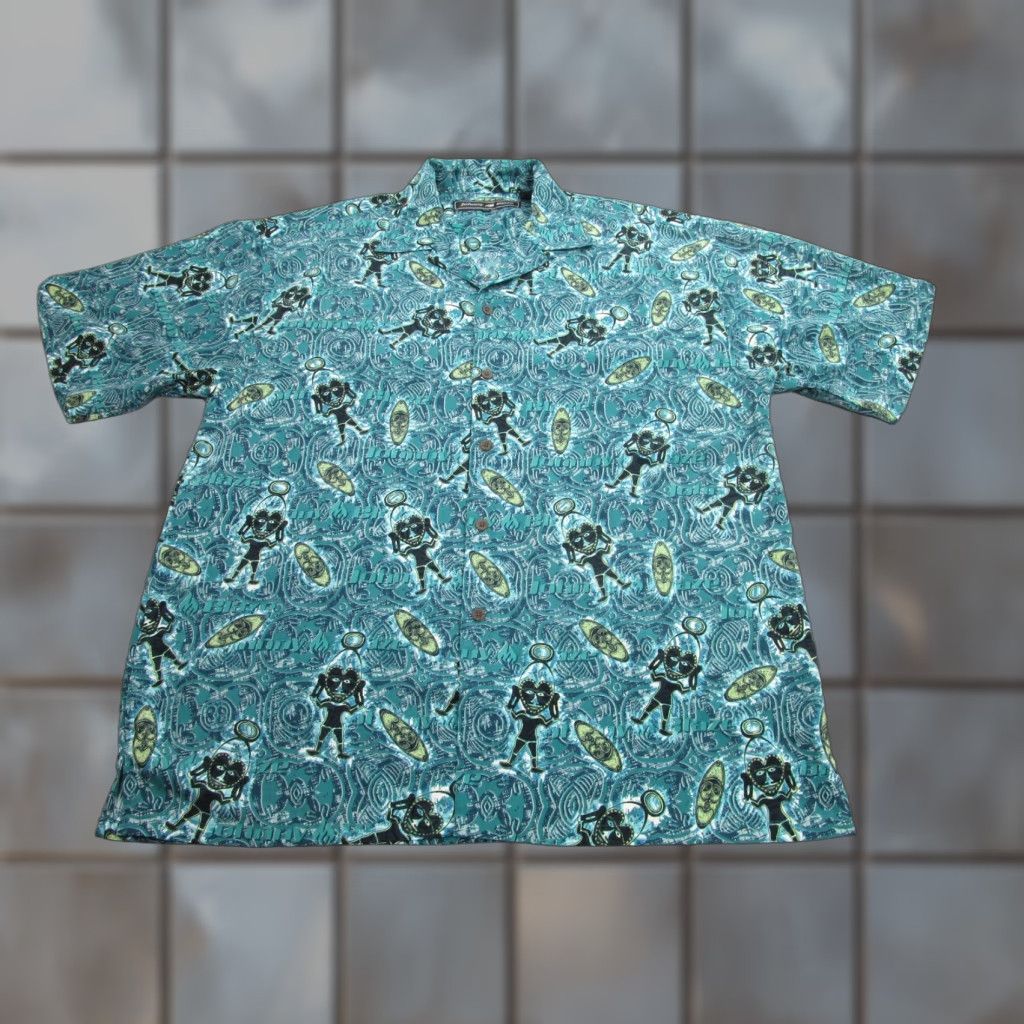 Johnny Blaze Shirt Mens 2XL Polynesian Tribal Print Vintage Tiki Retro Y2K Blue Teal
