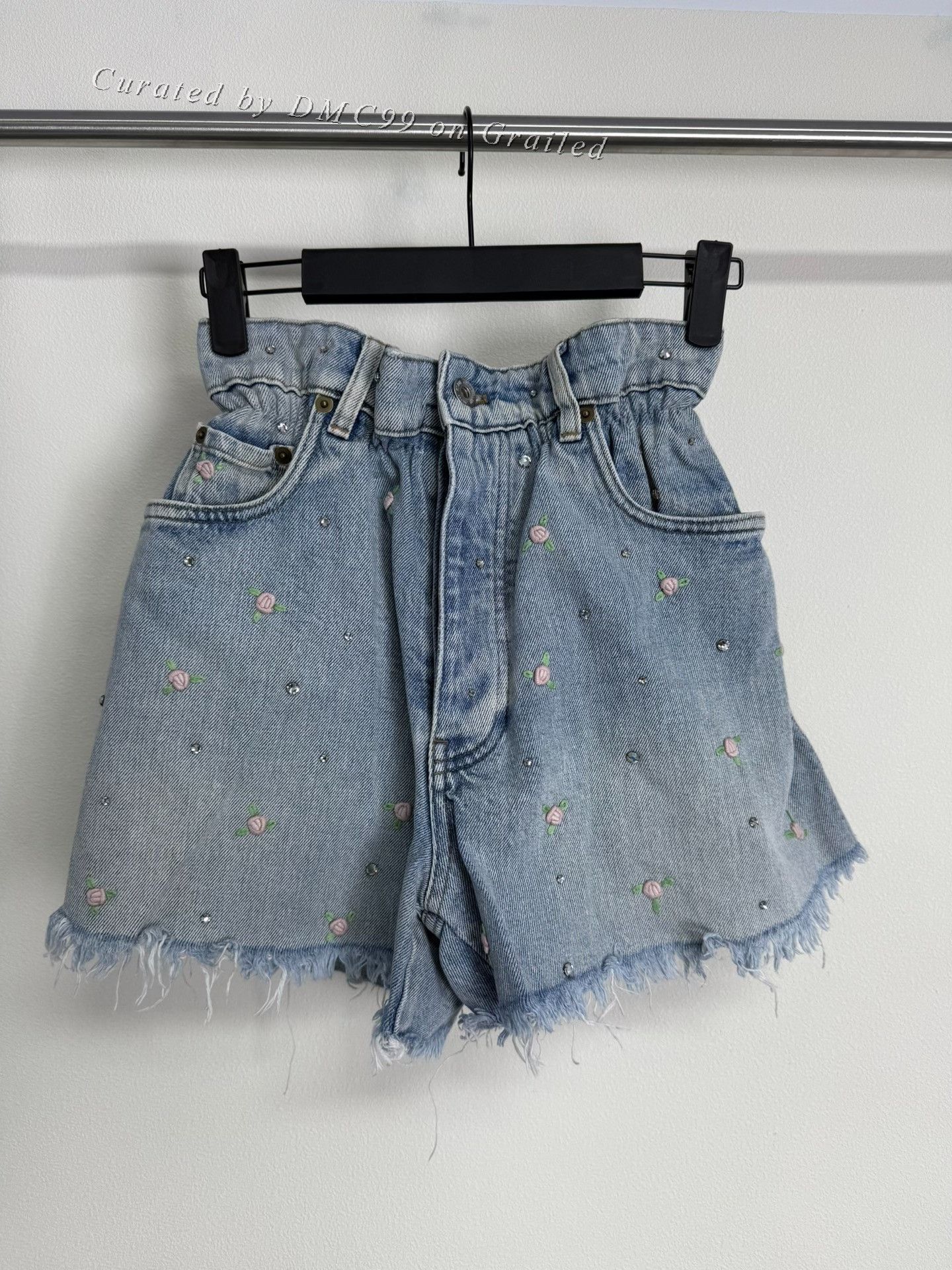 Miu Miu Miumiu Rhinestone Flower Denim Shorts Size 26" / US 2 / IT 38 - 1 Thumbnail