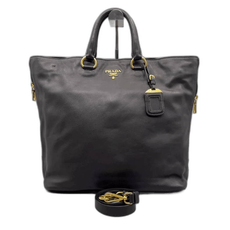 Prada Black Leather Tote Bag With Strap-2506, Women's