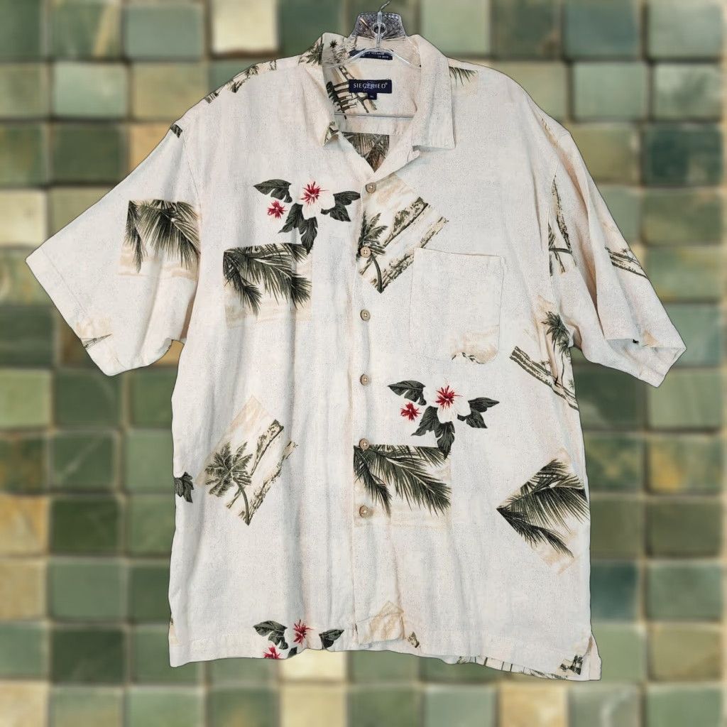 Vintage Siegfried Shirt Men XL Beige Linen Floral Short Sleeve Button-Up Hawaiian Mens Size US 36 / EU 52 - 1 Thumbnail