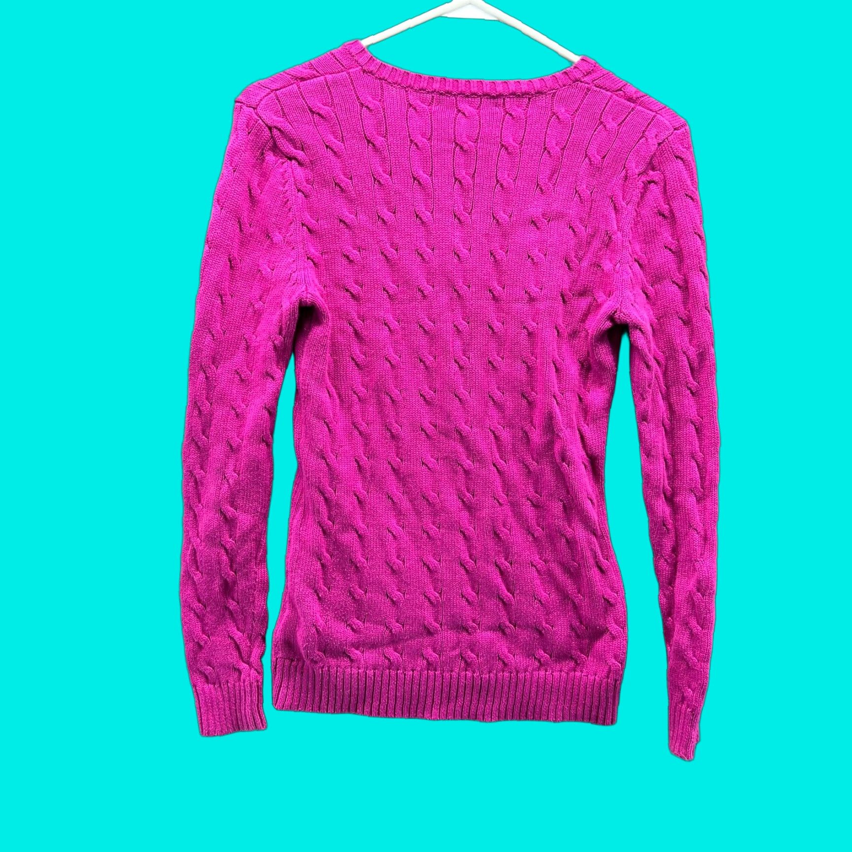 Ralph Lauren VINTAGE Lauren Ralph Lauren Sweater Women Small Pink V Neck Pullover Cable Knit Pony Shirt Women S Pink Cable Knit Pullover 90s Fashion Lounge Mens? Size S / US 4 / IT 40 - 1 Thumbnail