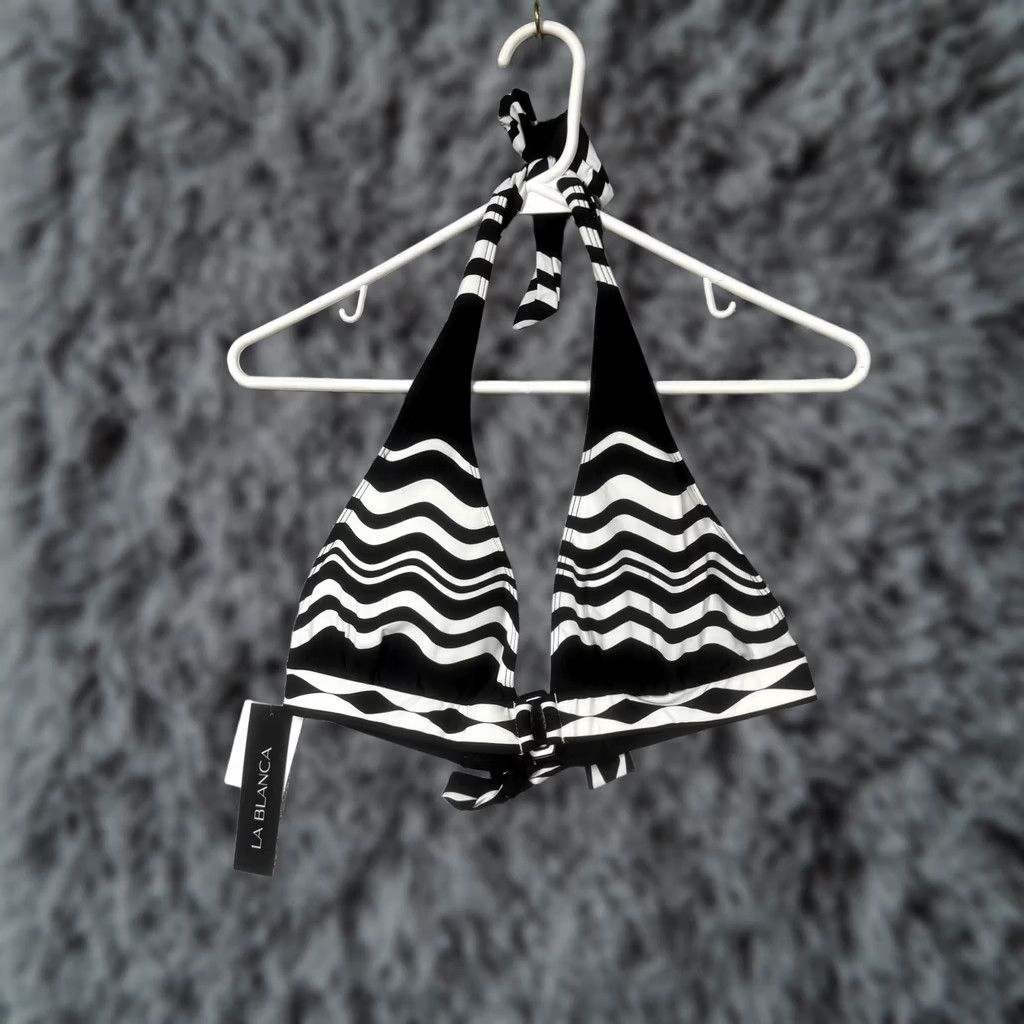 Vintage La Blanca Bikini Top 14 Black White Stripe Halter Triangle Padded Lined Stretch Swim Top Womens Size XL / US 12-14 / IT 48-50 - 1 Thumbnail
