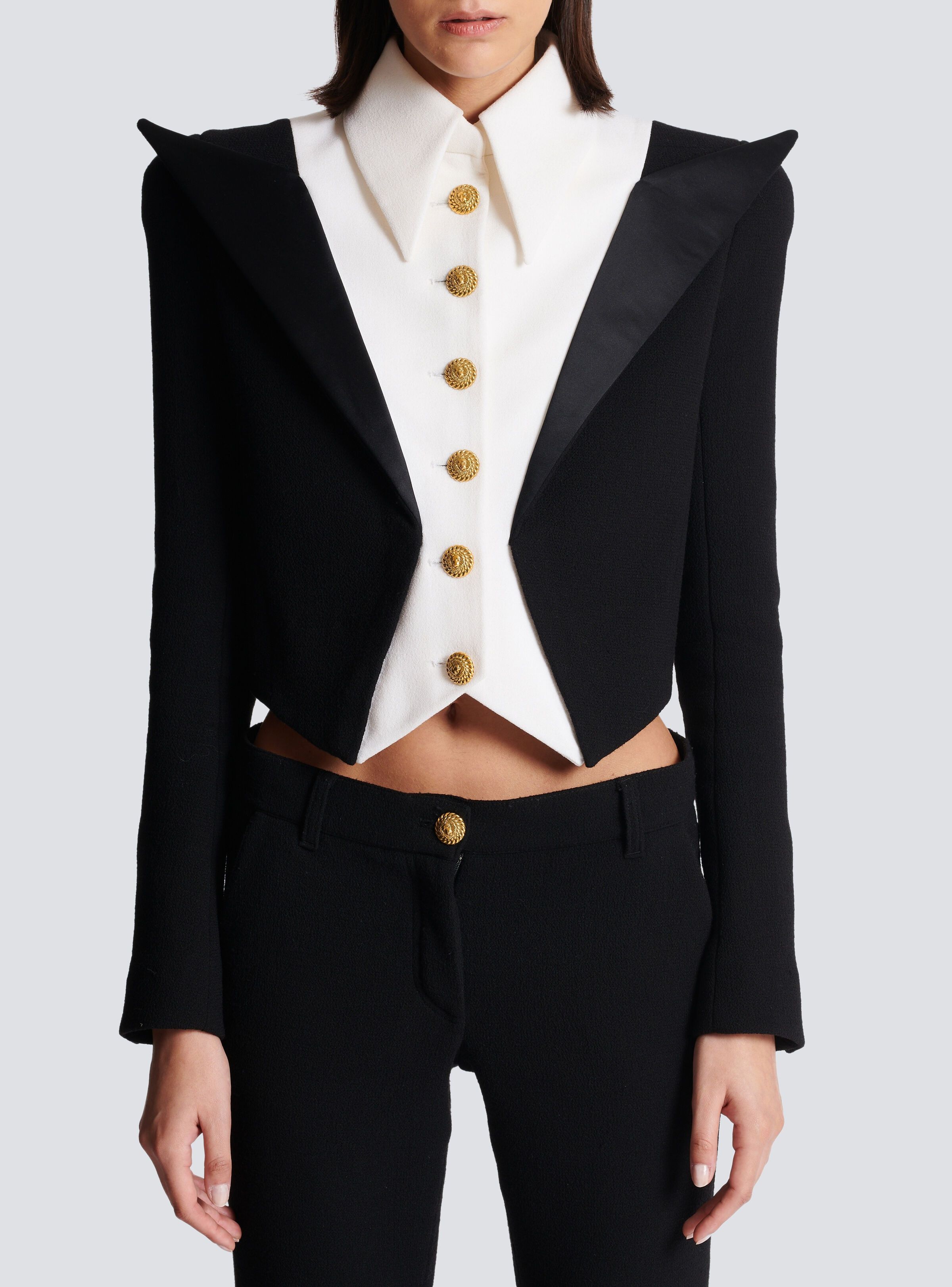 Balmain o1s1wg110825 Cropped 6 Button Crepe Jacket in Black/White Size XL / US 12-14 / IT 48-50 - 2 Thumbnail