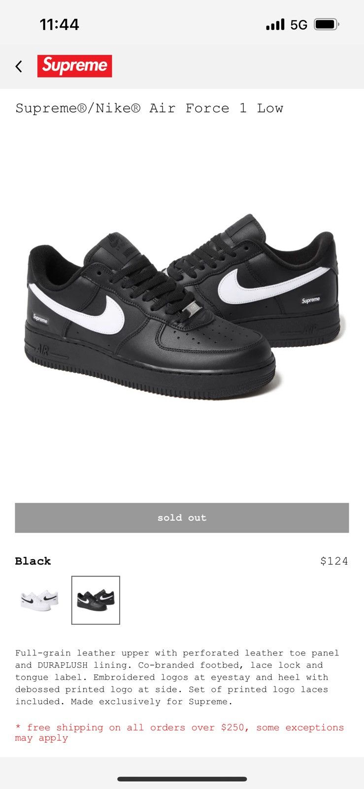 Nike × Supreme Supreme x Nike Air Force 1 Low black White CU9225-102 size 9 Size US 9 / EU 42 - 4 Thumbnail