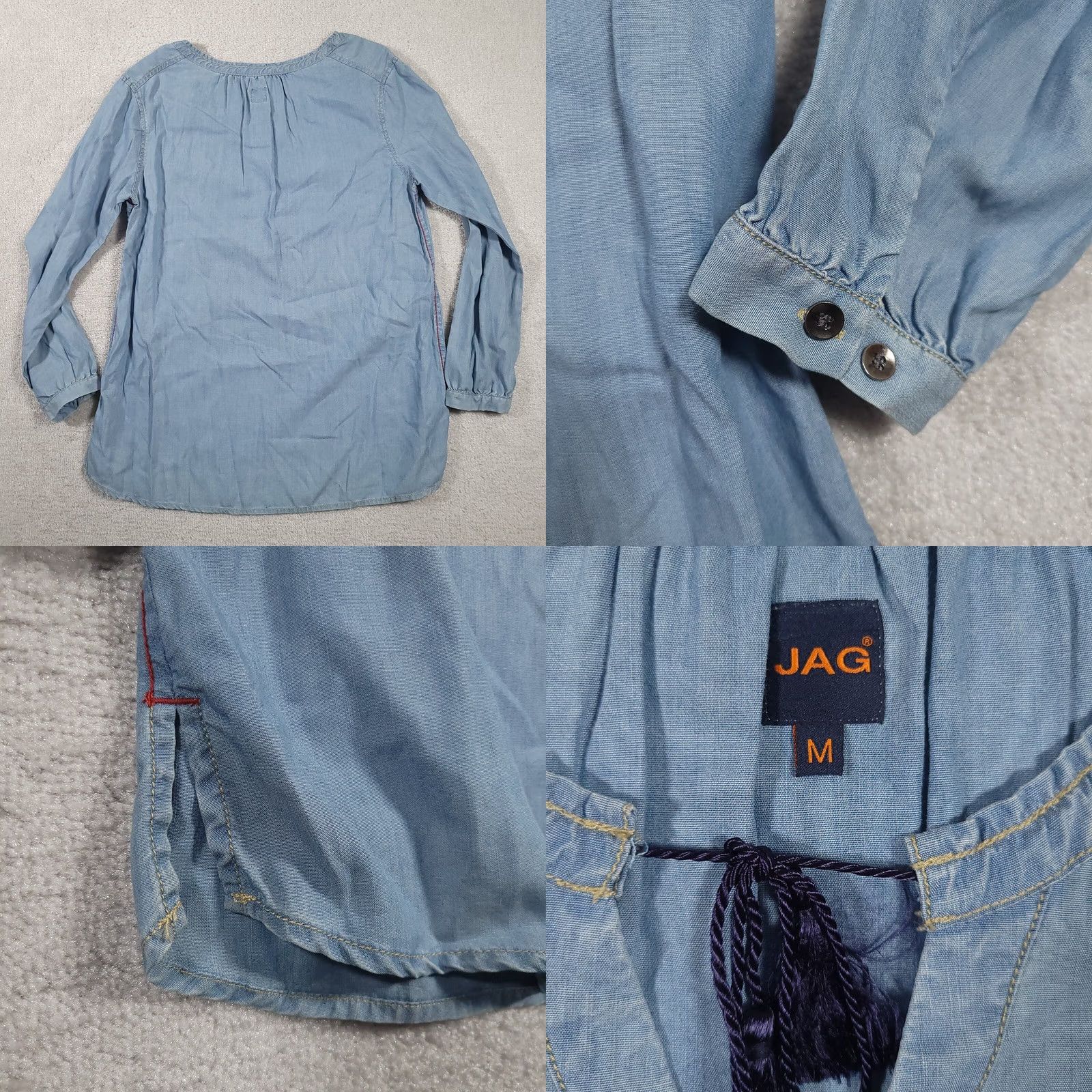 Vintage JAG Chambray Tassled V-Neck Long Sleeve Shirt Womens Medium Blue Size M / US 6-8 / IT 42-44 - 8 Thumbnail