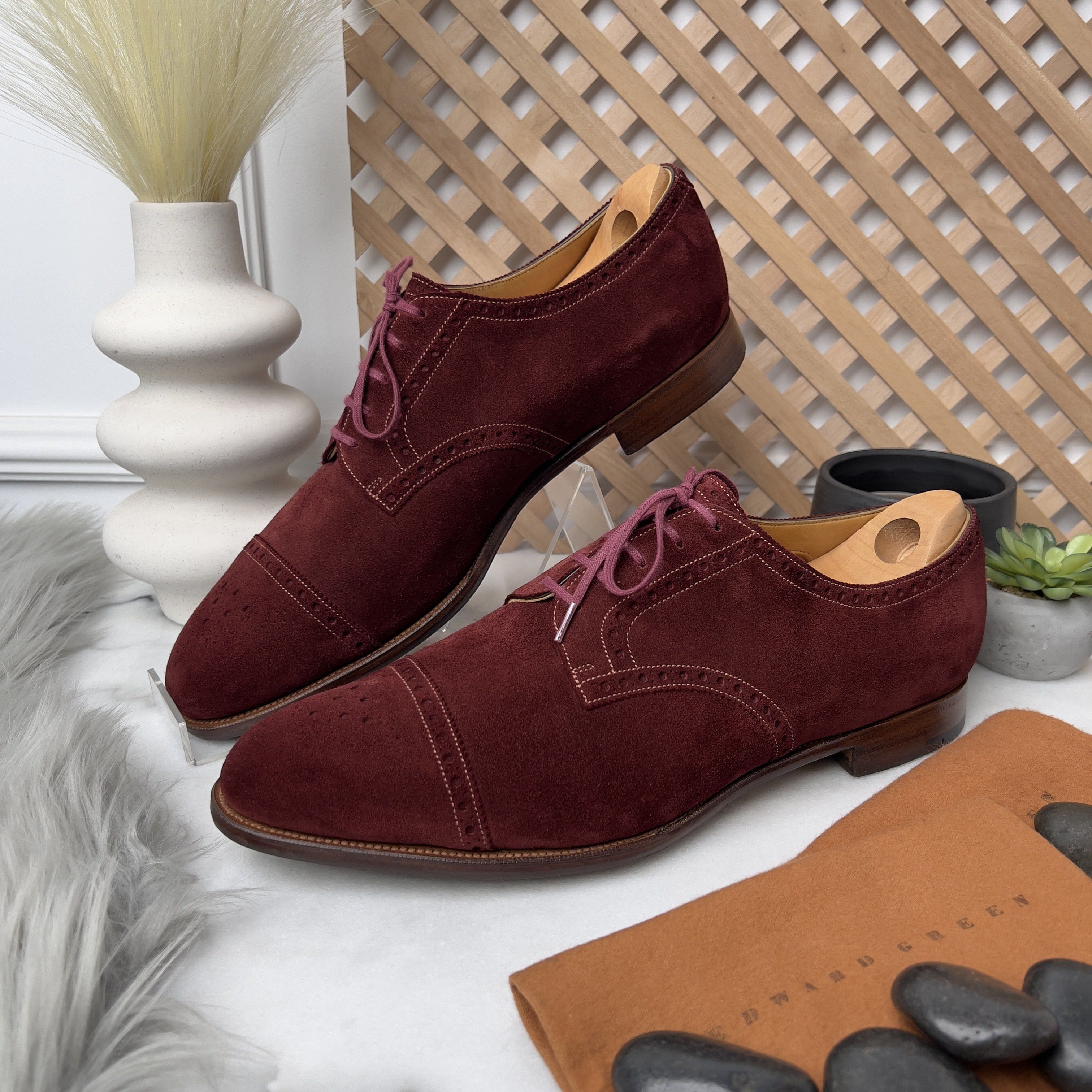 Edward Green Cardiff Cap Toe Oxfords Brogue Burgundy Suede Size US 12 / EU 45 - 3 Thumbnail
