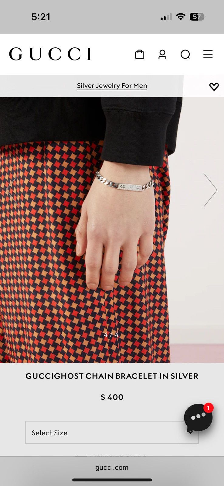 image of Gucci Ghost Chain Bracelet In Silver, Men's