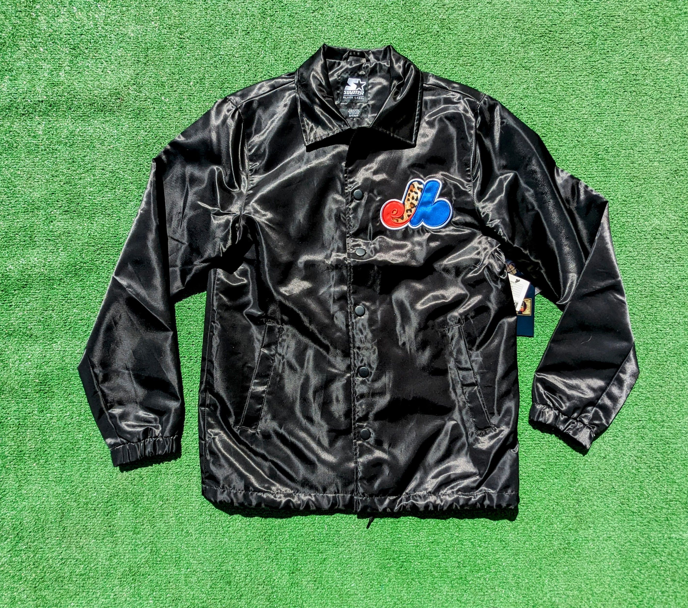 Image of Montreal Expos Mlb Black Label Starter Nationals Jacket Coat in Montreal Black/Leopard (Size Small)