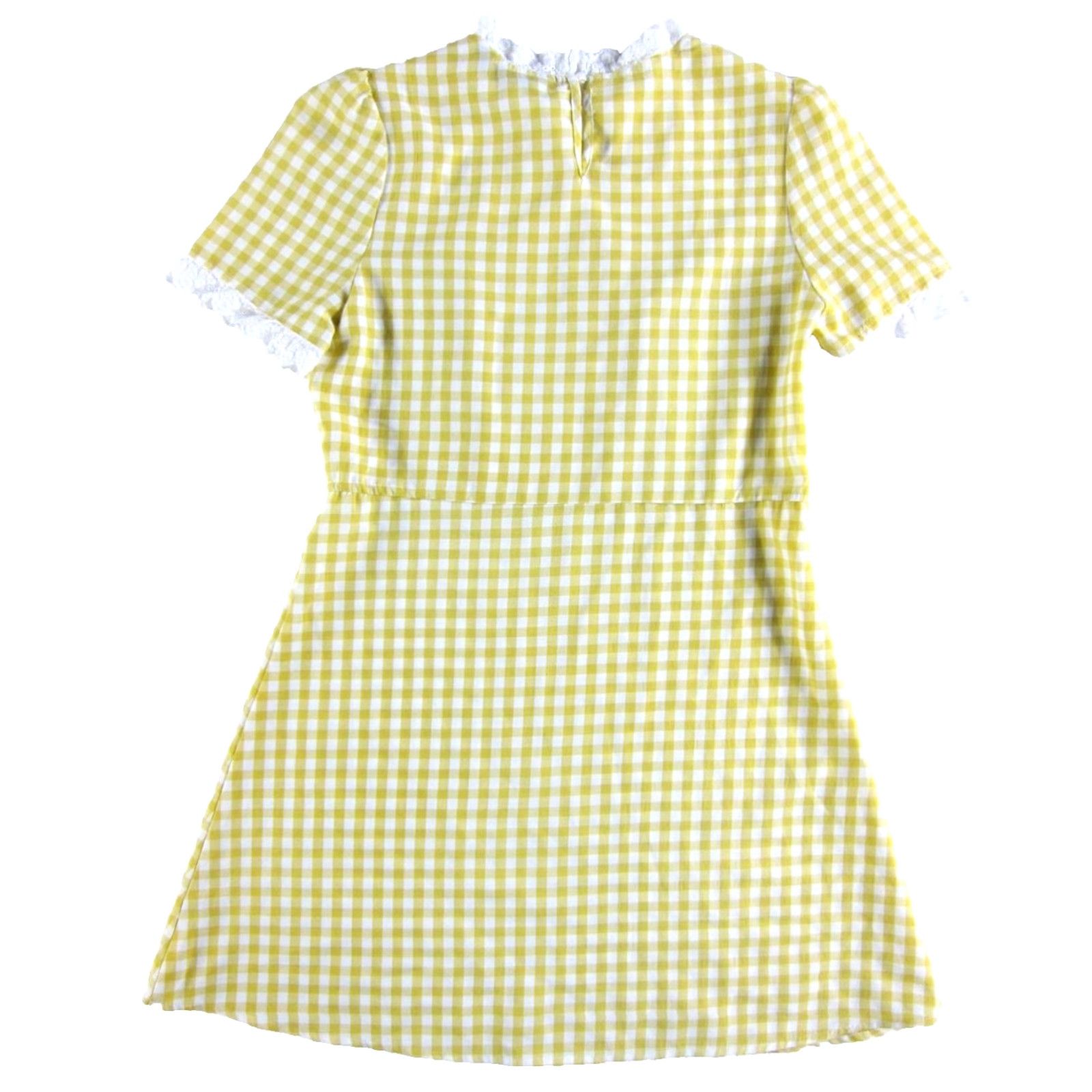 Vintage Allegra K Yellow White Plaid Lace High Neck Short Sleeve Sheath Dress XS Size 26" / US 2 / IT 38 - 2 Thumbnail