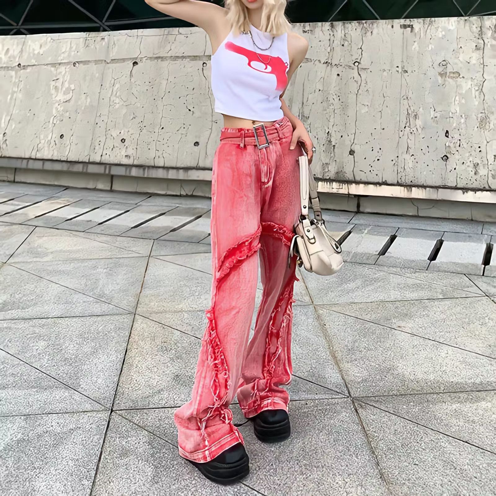 image of American Style Vintage Washed Raw Edge Fashion in Pink, Women's (Size 26)