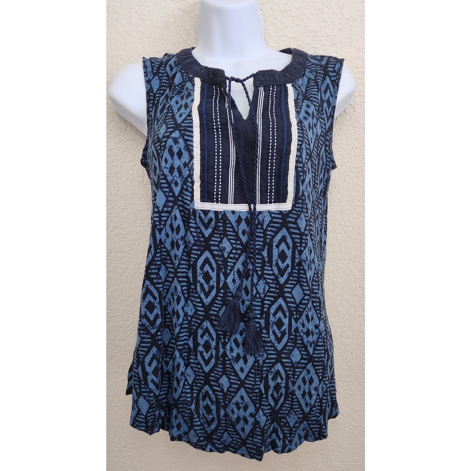 Other RXB Blue Black Geo Print Lace Trim Around Collar Top Medium Size M / US 6-8 / IT 42-44 - 1 Thumbnail