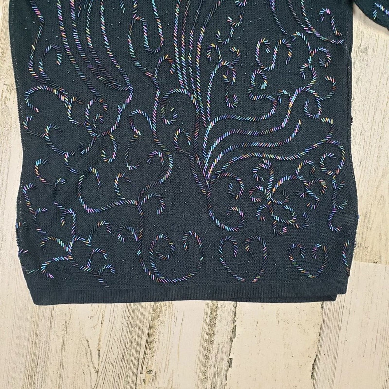 Other Navy Blue Loose Knit Beaded Embellished Semi- Sheer Blouse Size ONE SIZE - 3 Thumbnail