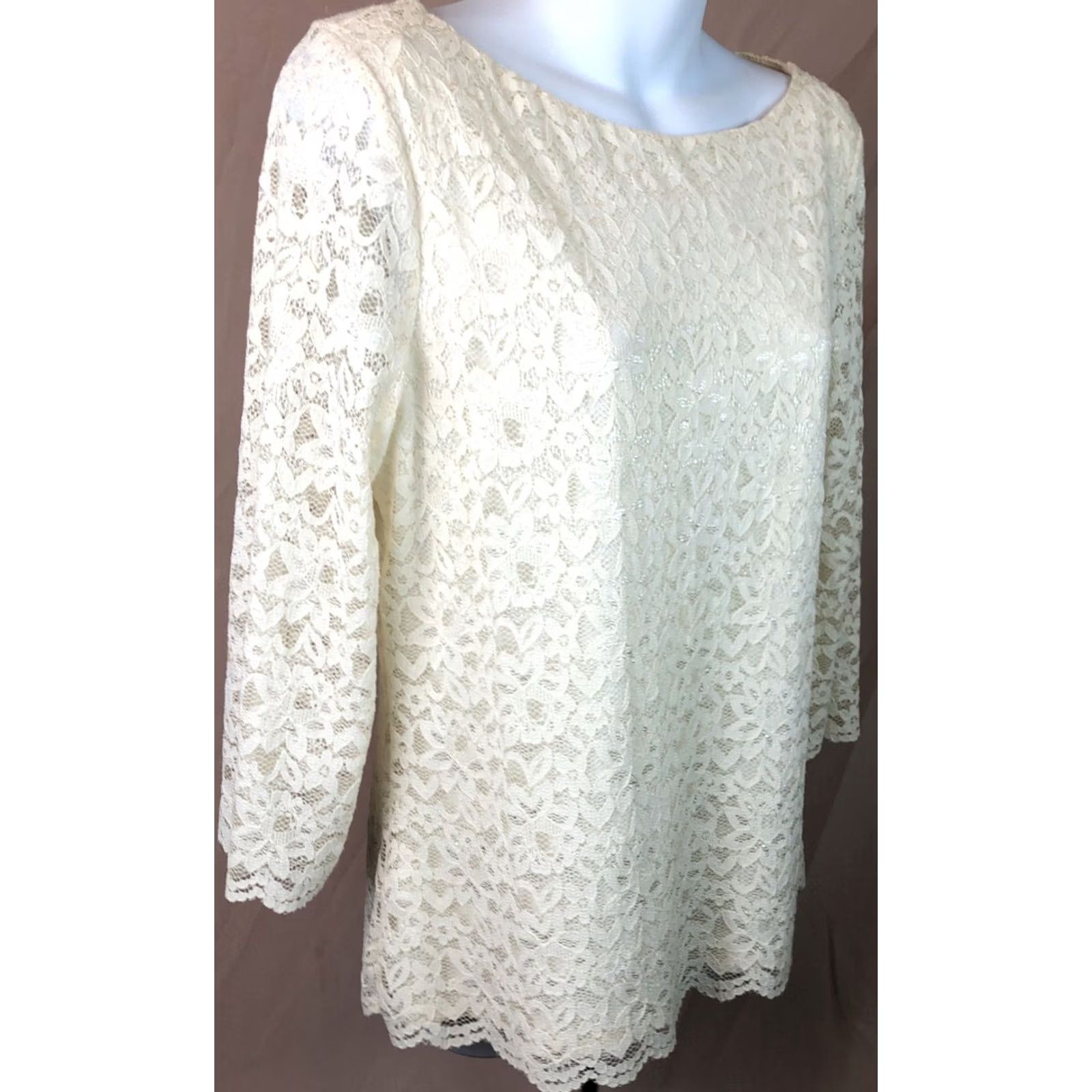 Charter Club VINTAGE Charter Club Lace Top Blouse M Ivory 3/4 Sleeves Round Neck Lined Womens Shirt 90s Dainty Fairy Italic Style Size M / US 6-8 / IT 42-44 - 3 Thumbnail
