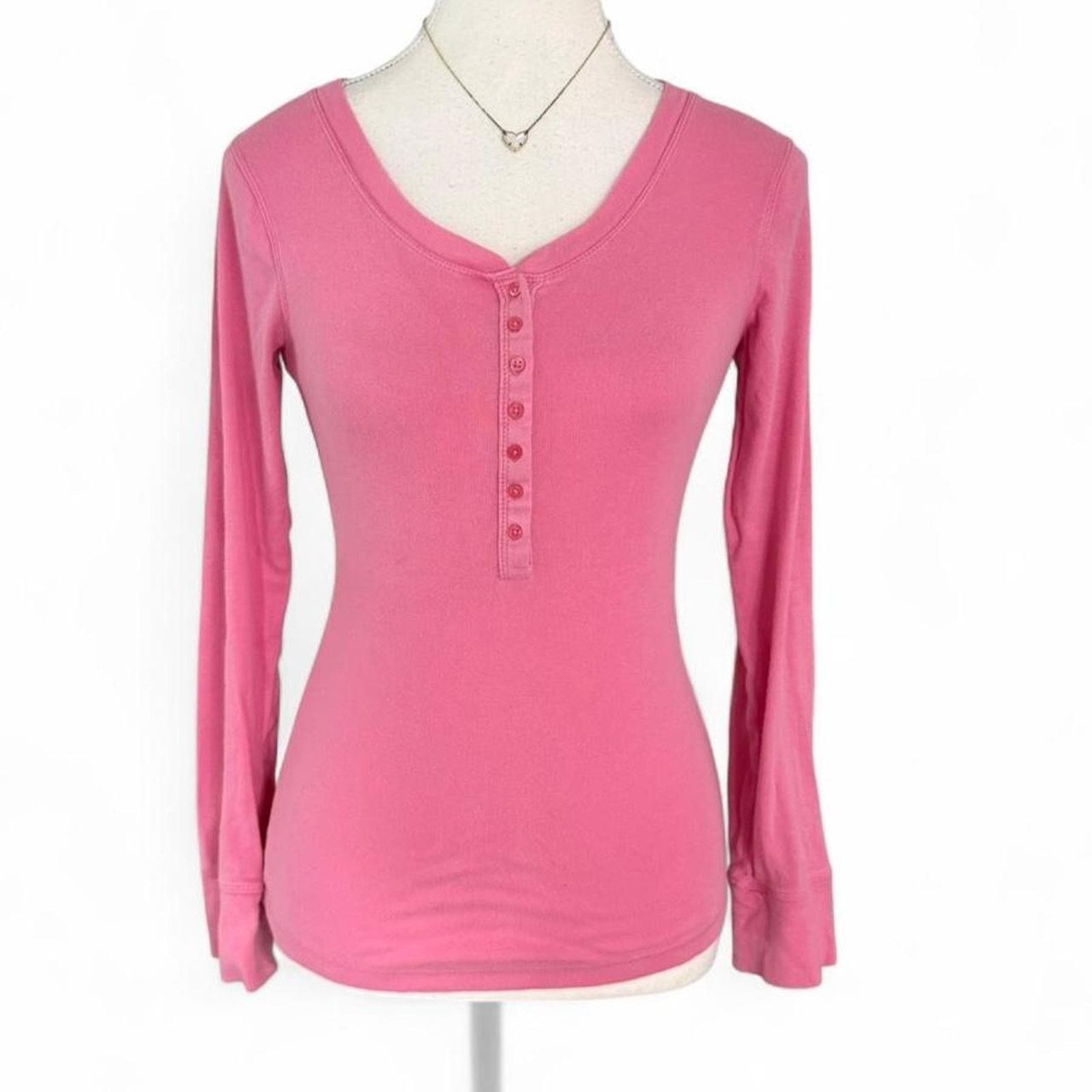 Other Pink Y2K Fitted Henley 2000s 100% Cotton Long Sleeve Size M Size M / US 6-8 / IT 42-44 - 1 Thumbnail