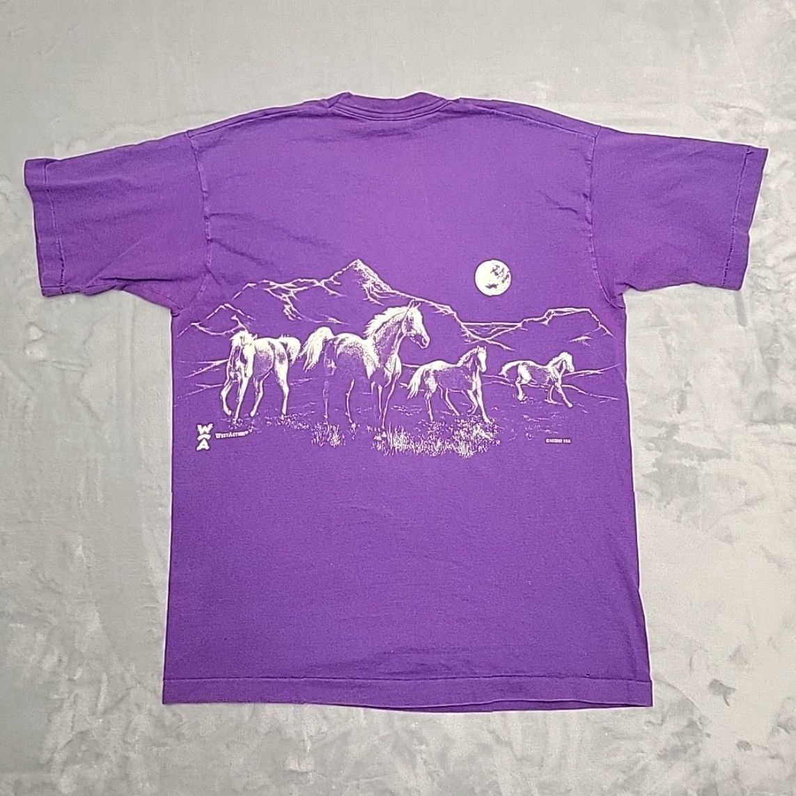 Fruit Of The Loom VTG Fruit of the Loom Bitterroot Valley Montana Shirt Mens L Purple AOP 90s Sports Cotton T-Shirt Crew Neck Short Sleeve Made in USA Mens Size US L / EU 52-54 / 3 - 7 Thumbnail