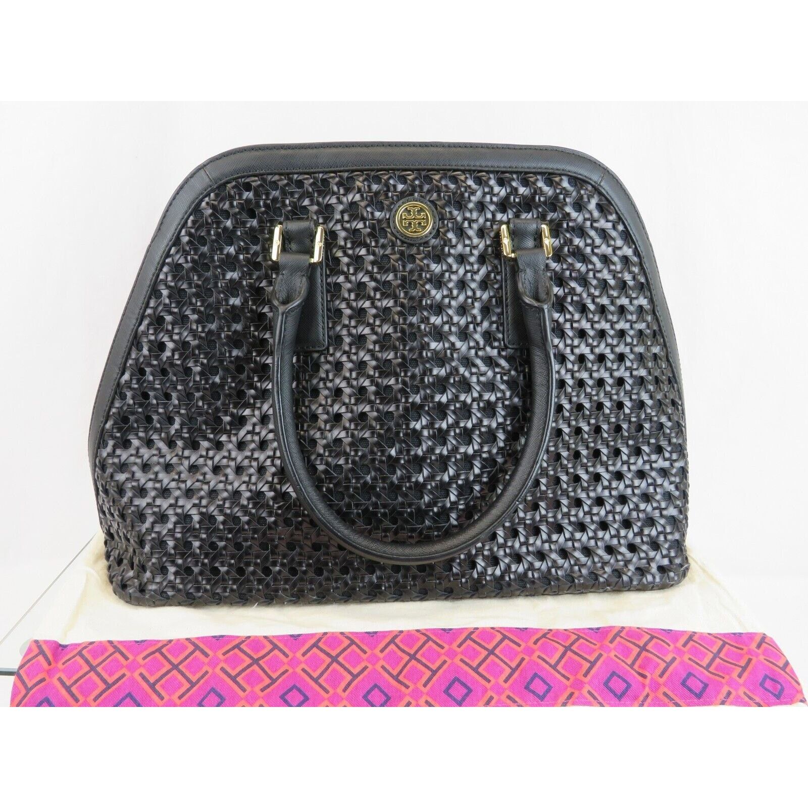 Tory Burch ROBINSON BLACK BASKET WOVEN LEATHER LOGO TOTE HANDBAG Size ONE SIZE - 2 Thumbnail