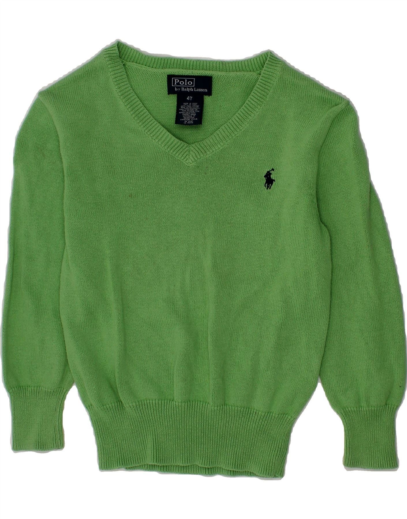 Polo Ralph Lauren Girls V-Neck Jumper Sweater 3-4 Years Green Cotton Size XXS / US 00 / IT 34 - 1 Thumbnail