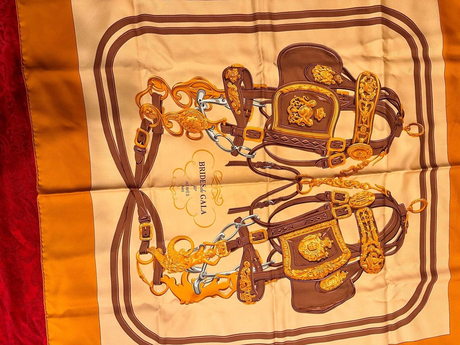 Hermes Brides De Gala 90cm Orange Brown Silk Scarf