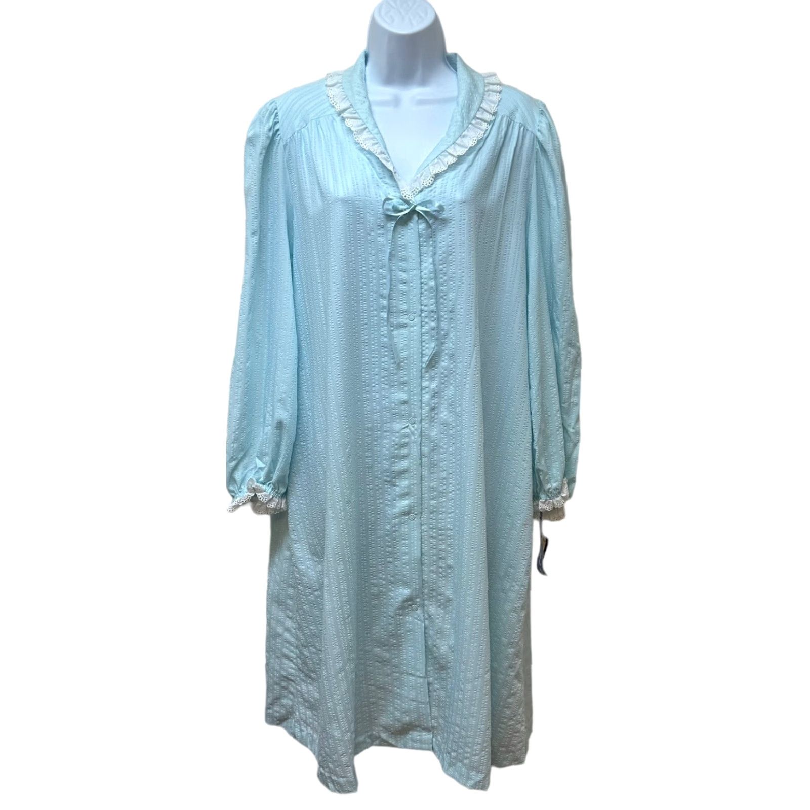 Vintage VINTAGE Miss Elaine Blue Lace Ruffle Housecoat Robe Snap Front L Union Made in USA NEW NOS Sh y Size ONE SIZE - 2 Thumbnail