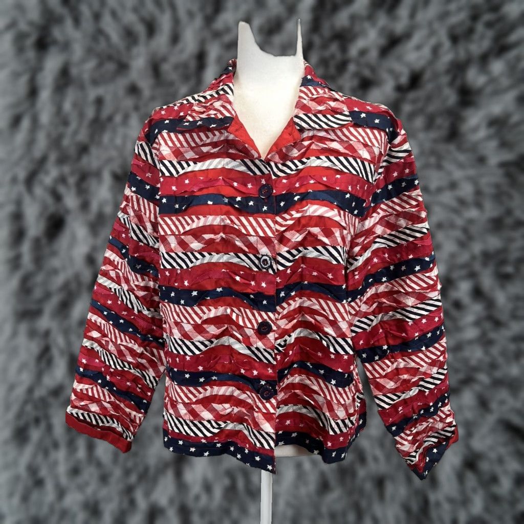 Vintage VINTAGE Keren Hart Women's Quilted Flag Jacket Large Red White Blue 4th July Patriotic Size L / US 10 / IT 46 - 1 Thumbnail