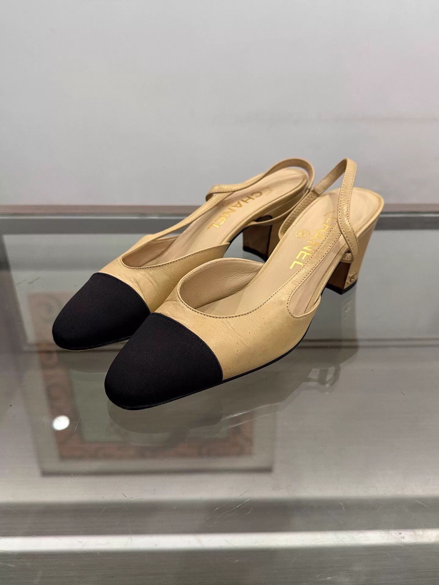 Chanel Chanel Slingback Khaki 36.5 Silver CC Logo Size US 6 / IT 36 - 1 Thumbnail