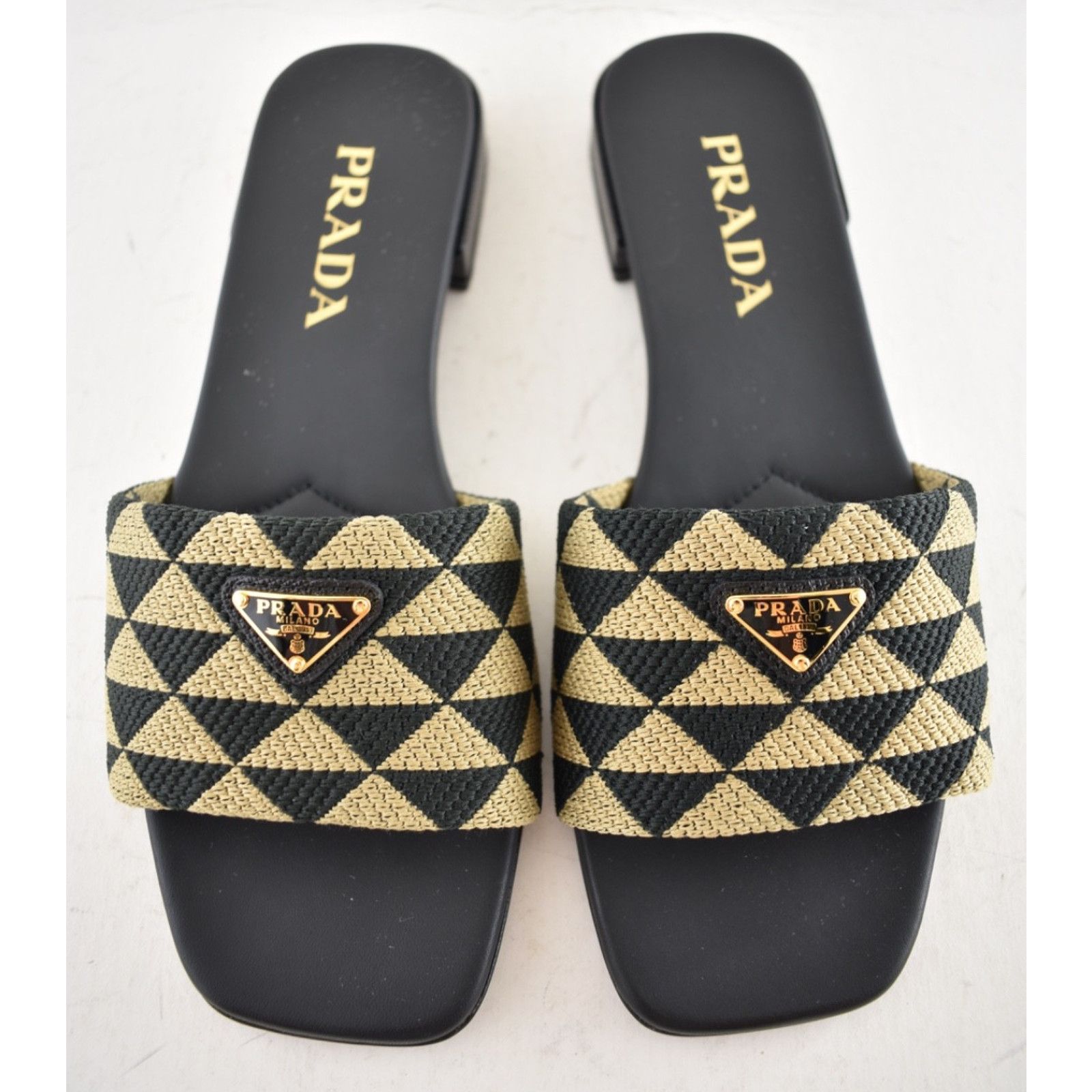 Prada Prada Jacquard Triangle Logo Black Beige Tan Leather Slide Size US 7.5 / IT 37.5 - 8 Thumbnail