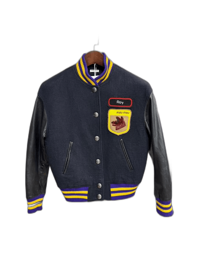 Miumiu Wool Baseball Jacket with Leather Sleeves -2505