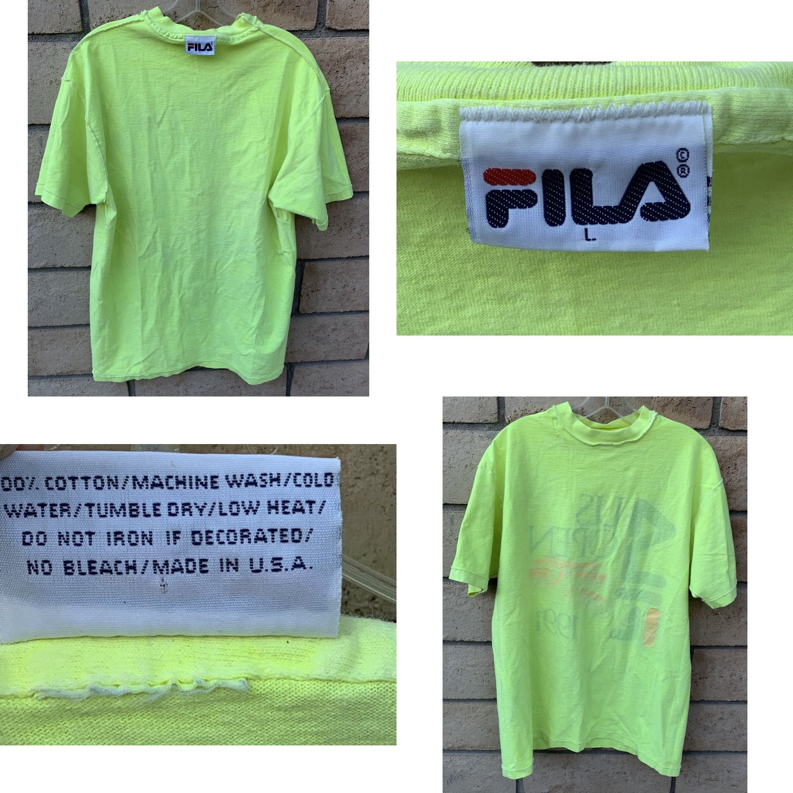 Fila VINTAGE FILA US OPEN 1991 T Shirt Graphic Tee Neon Yellow 90s 1990s Size L Mens Cotton Short Sleeve Graphic Print Open Size US L / EU 52-54 / 3 - 9 Thumbnail