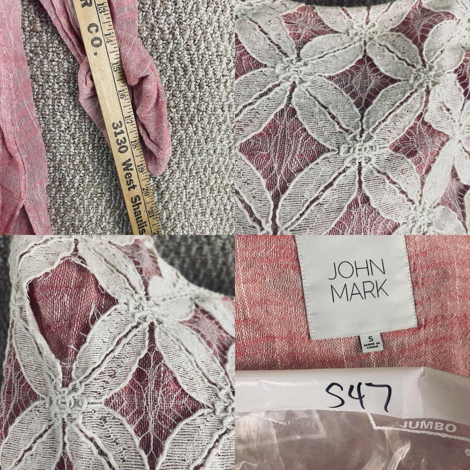 Vintage John Mark Cardigan Small Pink Linen Blend Open Front Lace 3/4 Sleeve Shawl Neckline Womens Cardigan 90s Bohemian Vintage No Size S / US 4 / IT 40 - 9 Thumbnail