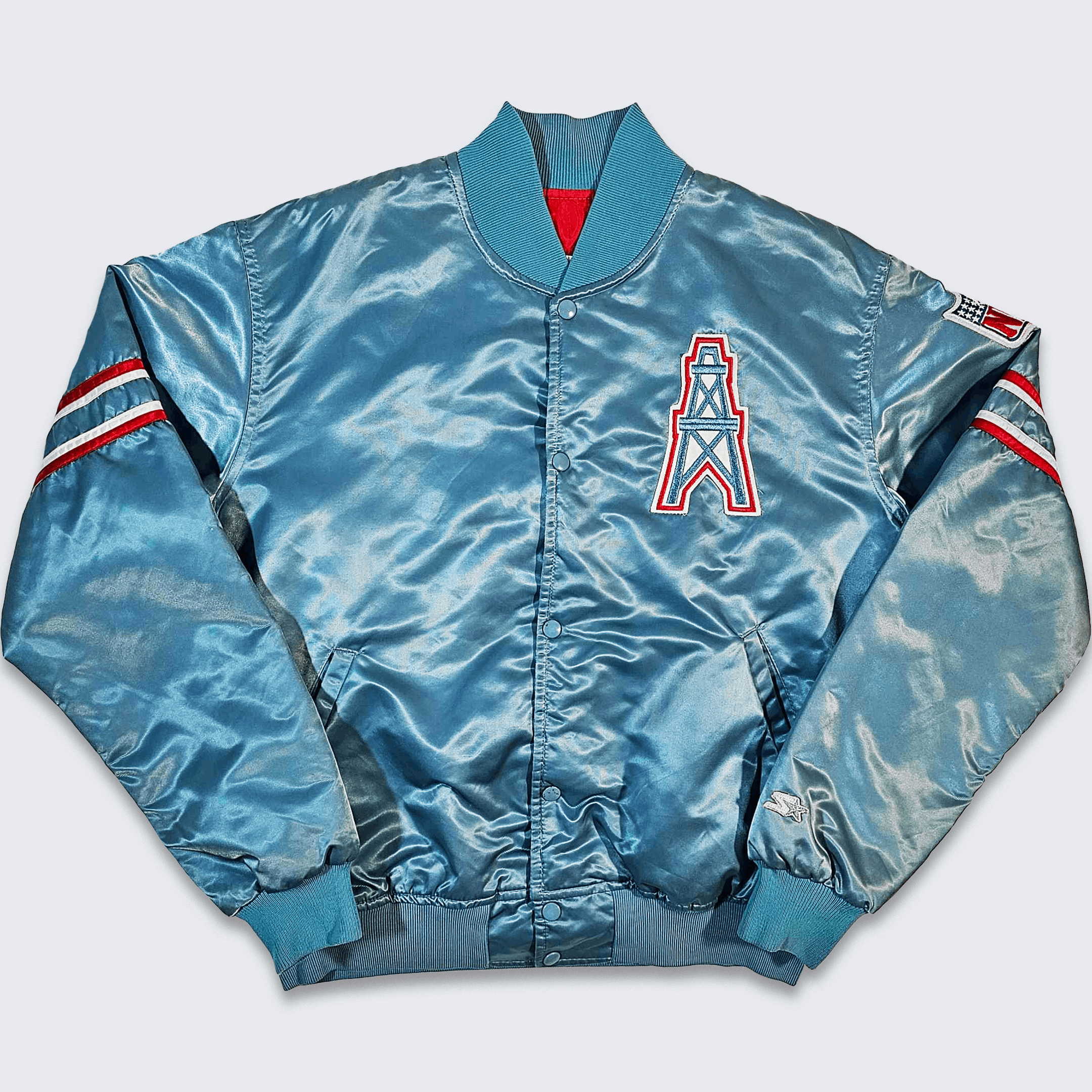 image of Nfl x Starter Houston Oilers Vintage 80's Starter Satin Bomber Jacket in Sky Blue, Men's (Size Larg