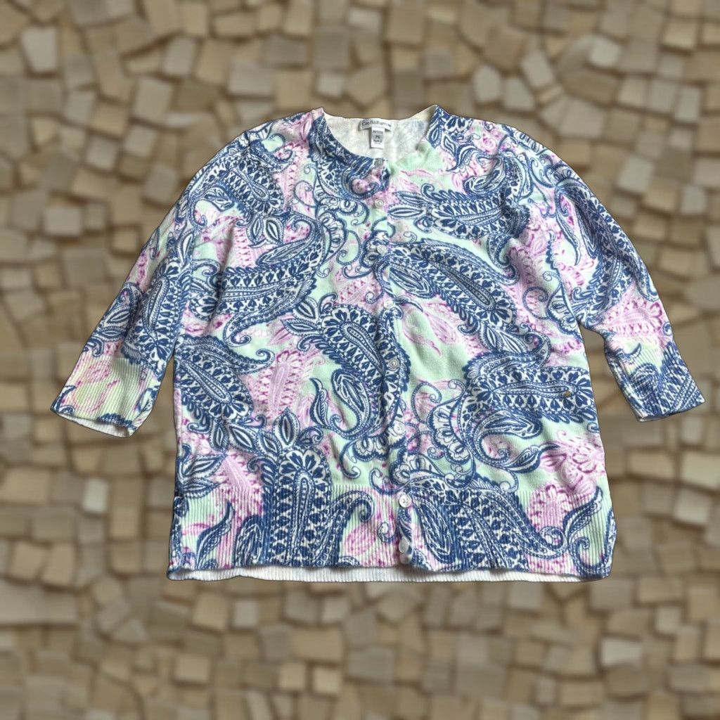 Croft & Barrow Croft&Barrow Sweater Women PS Petite Mint Blue Purple 3/4 Sleeve Paisley Crew Neck Cardigan Fall Winter Spring Casual Womens Size S / US 4 / IT 40 - 1 Thumbnail