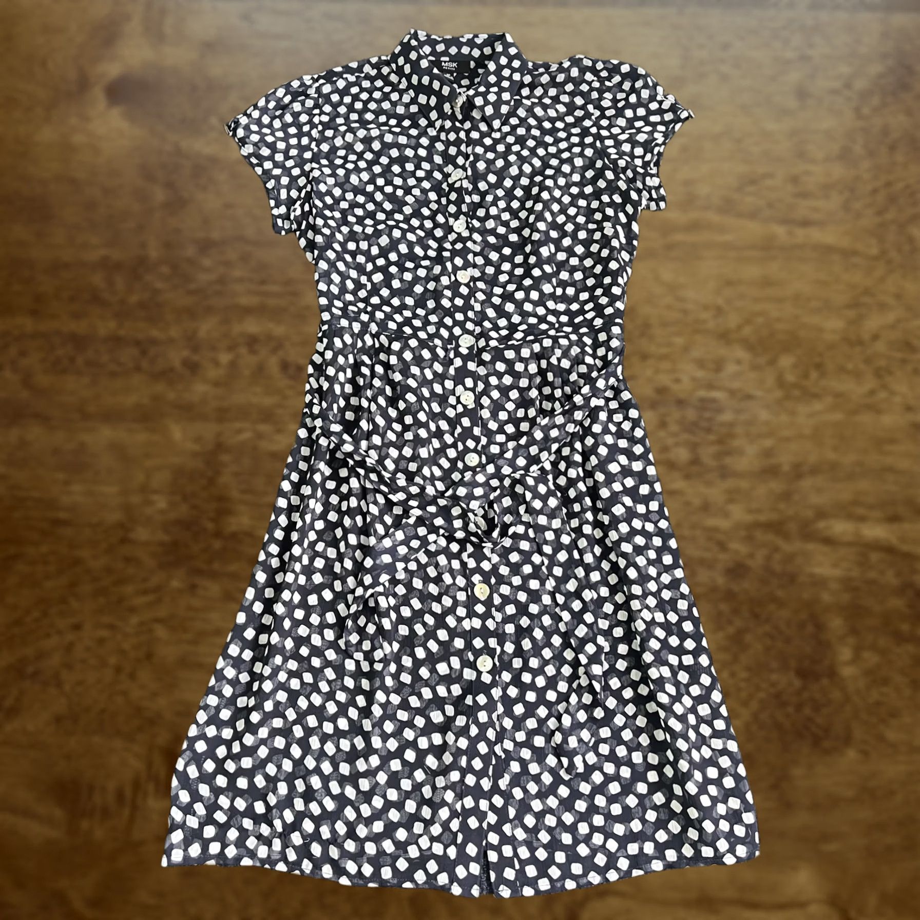 Vintage MSK Dress Womens 6P Black Geometric Polka Dot Belted Shirt Knee Length Workwear Size M / US 6-8 / IT 42-44 - 1 Thumbnail