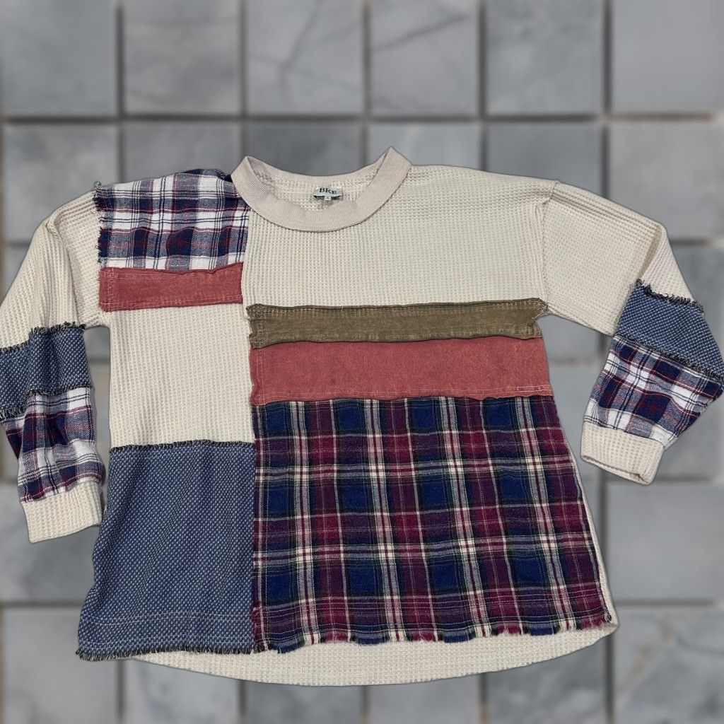 BKE BKE T Shirt Womens S Cream Blue Patchwork Waffle Knit Thermal Long Sleeve Boho Size S / US 4 / IT 40 - 1 Thumbnail