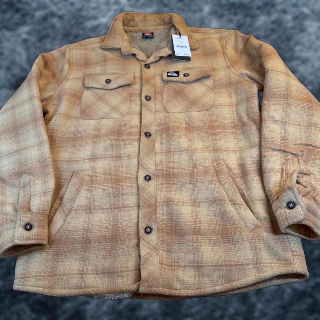 Quiksilver Flannel Shirt Jacket Plaid Sherpa Lined Honey Gold Mens Small NWT