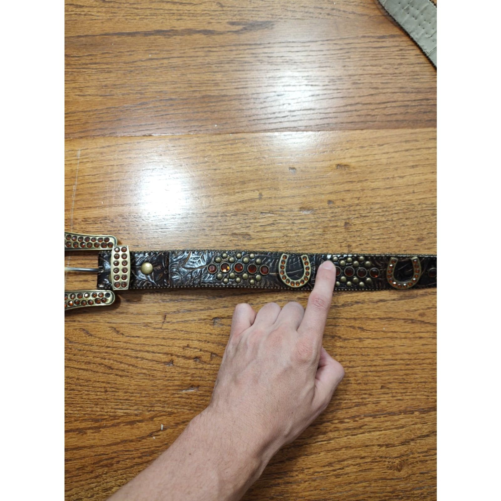 Vintage Western Belt Brown Leather Rhinestone Horseshoe Large Buckle Cowboy Western Classic Womens Size ONE SIZE - 6 Thumbnail