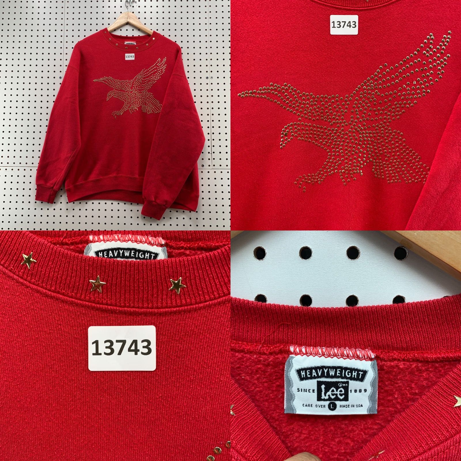 Lee VINTAGE LEE Heavyweight Studded Eagle Stars Handmade Long Sleeve Size Large Red Women Sweater Size L / US 10 / IT 46 - 8 Thumbnail