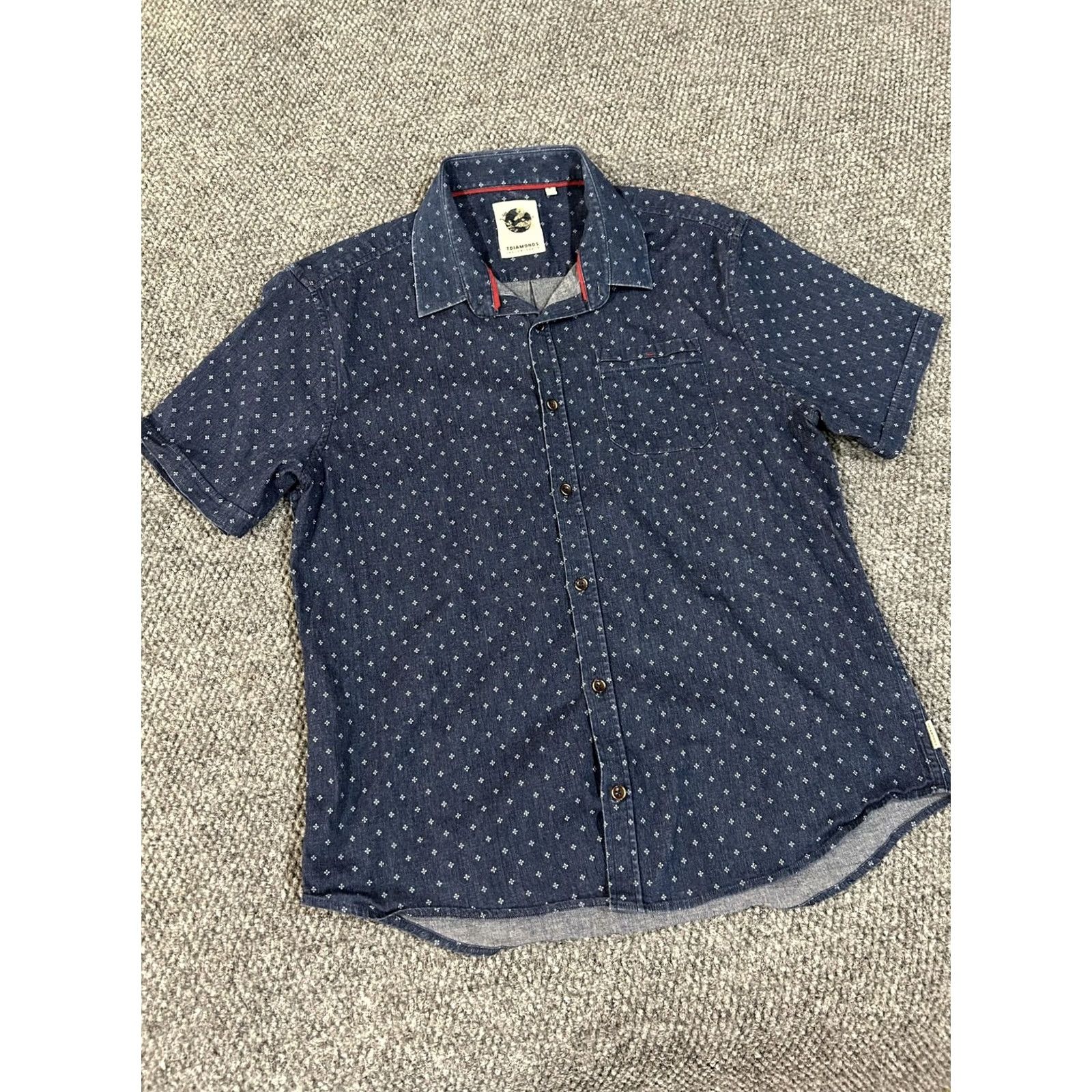 Vintage 7 Diamonds Shirt Mens XL Blue Denim Geometric Short Sleeve Button Up Stretch Size US XL / EU 56 / 4 - 2 Thumbnail