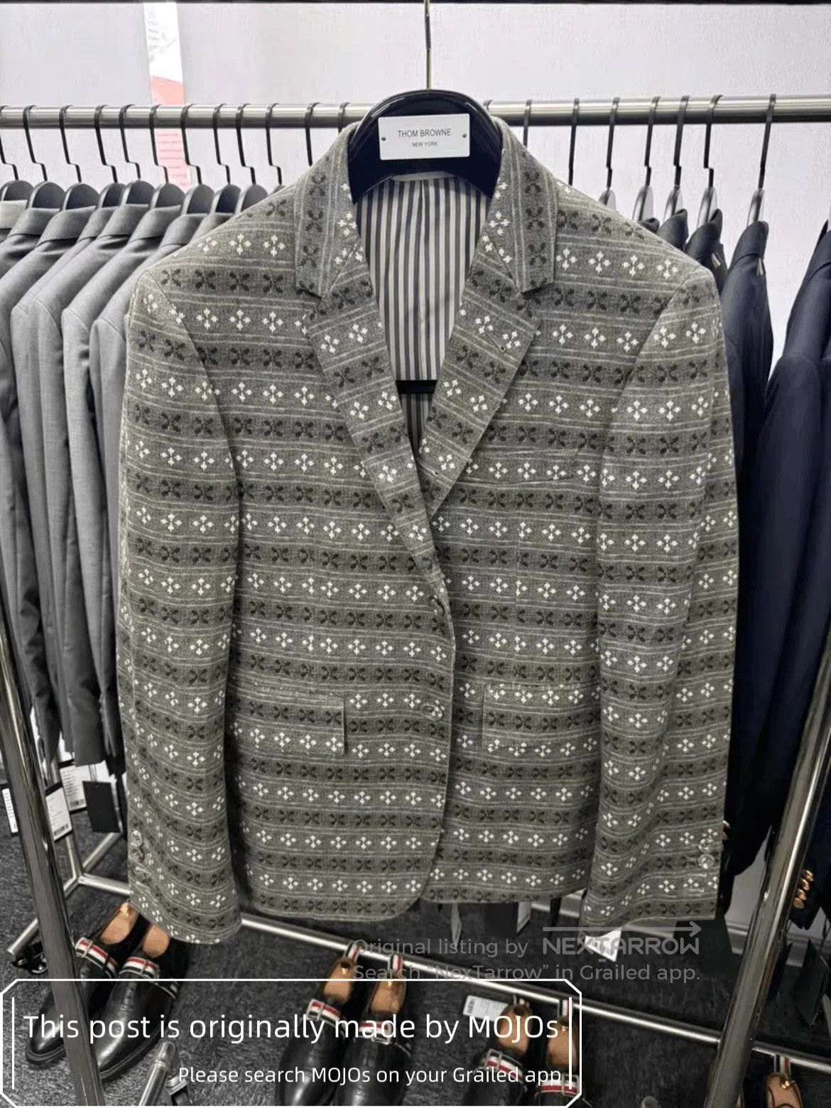 Sz 0 Thom Browne Gray Ethical Pattern Blazer Jacket.
