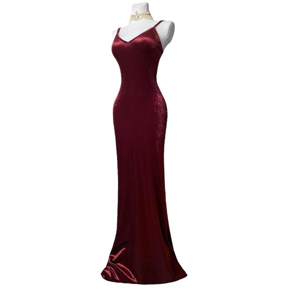 Vintage Dramatic evening maxi red velvet dress Size S / US 4 / IT 40 - 1 Thumbnail