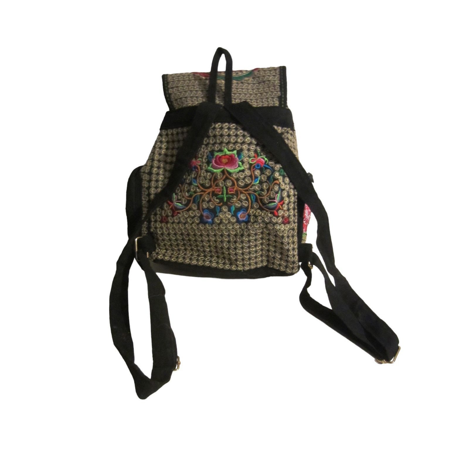 Vintage Boho Embroidered Floral Backpack Black Red Rose Folk Size ONE SIZE - 7 Thumbnail