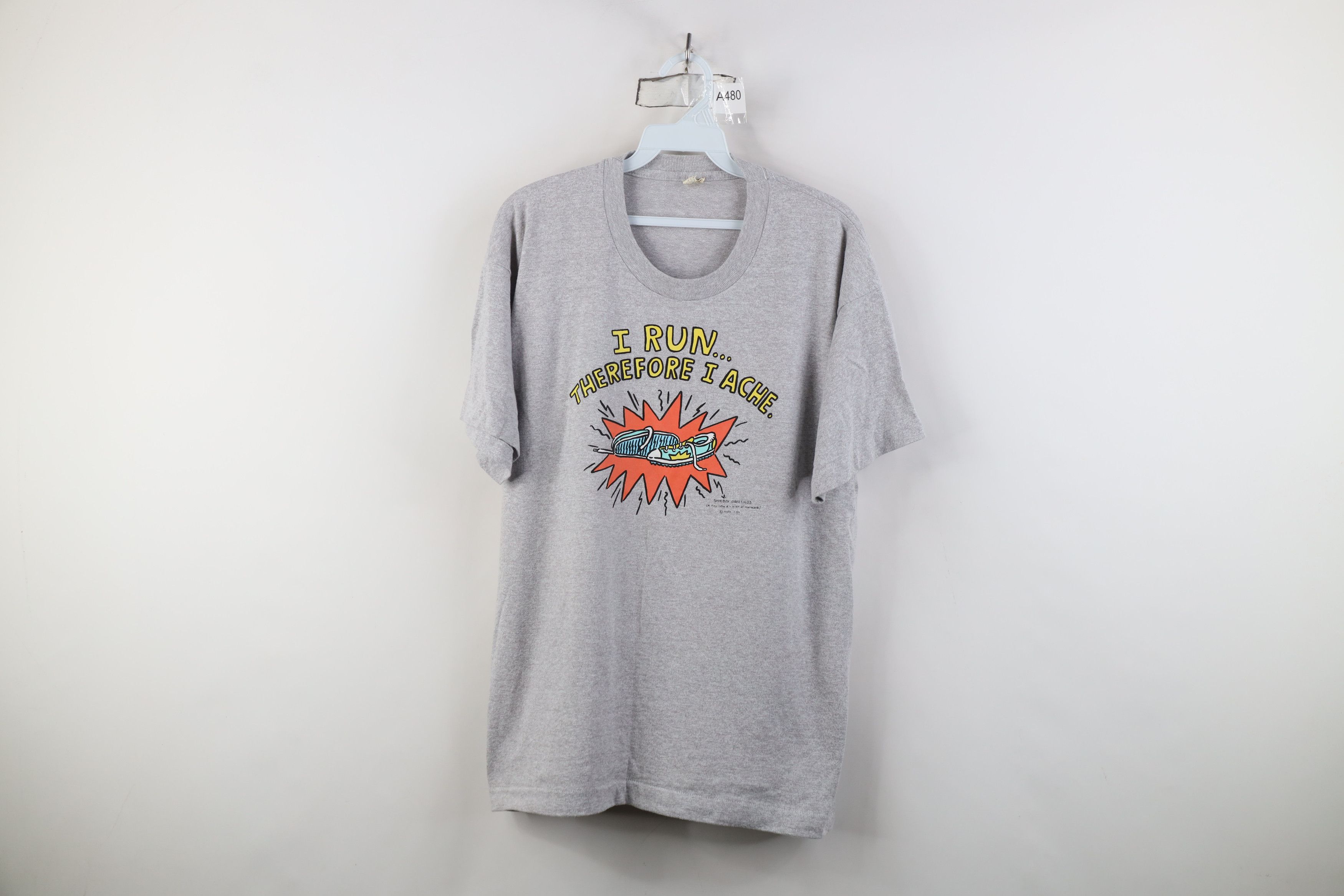 Vintage Vintage 80s Art I Run Therefore I Ache T-Shirt Gray USA Size US XL / EU 56 / 4 - 1 Thumbnail