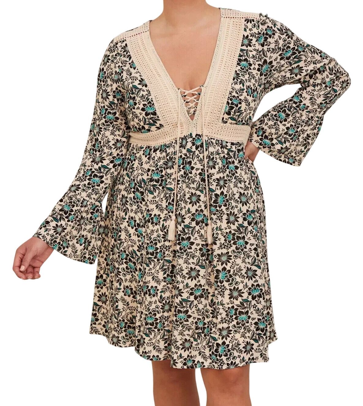 Torrid Torrid Mini Gauze Lace-Up Floral Skater V Neck Dress Beige 1 Size XL / US 12-14 / IT 48-50 - 2 Thumbnail