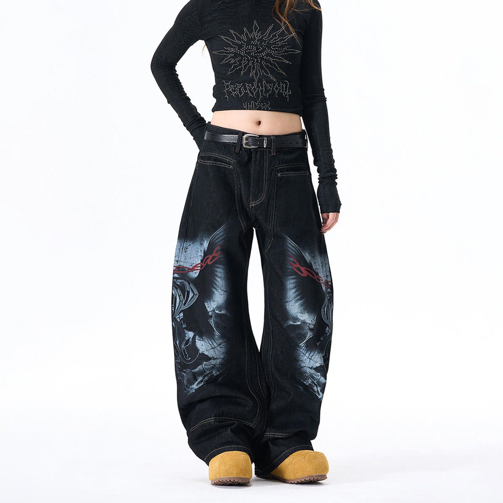 Vintage Black Graphic Wide Leg Jeans, Baggy Streetwear Pants Size 28" / US 6 / IT 42 - 2 Thumbnail