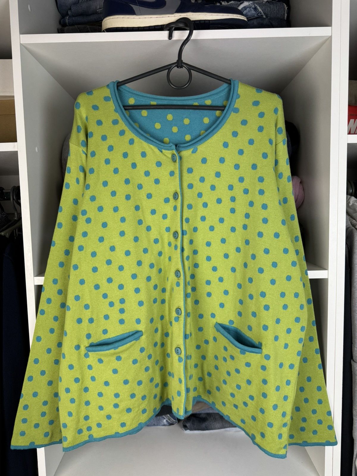 Gudrun Sjoden Women’s Lime Cardigan Turquoise Dots Trim