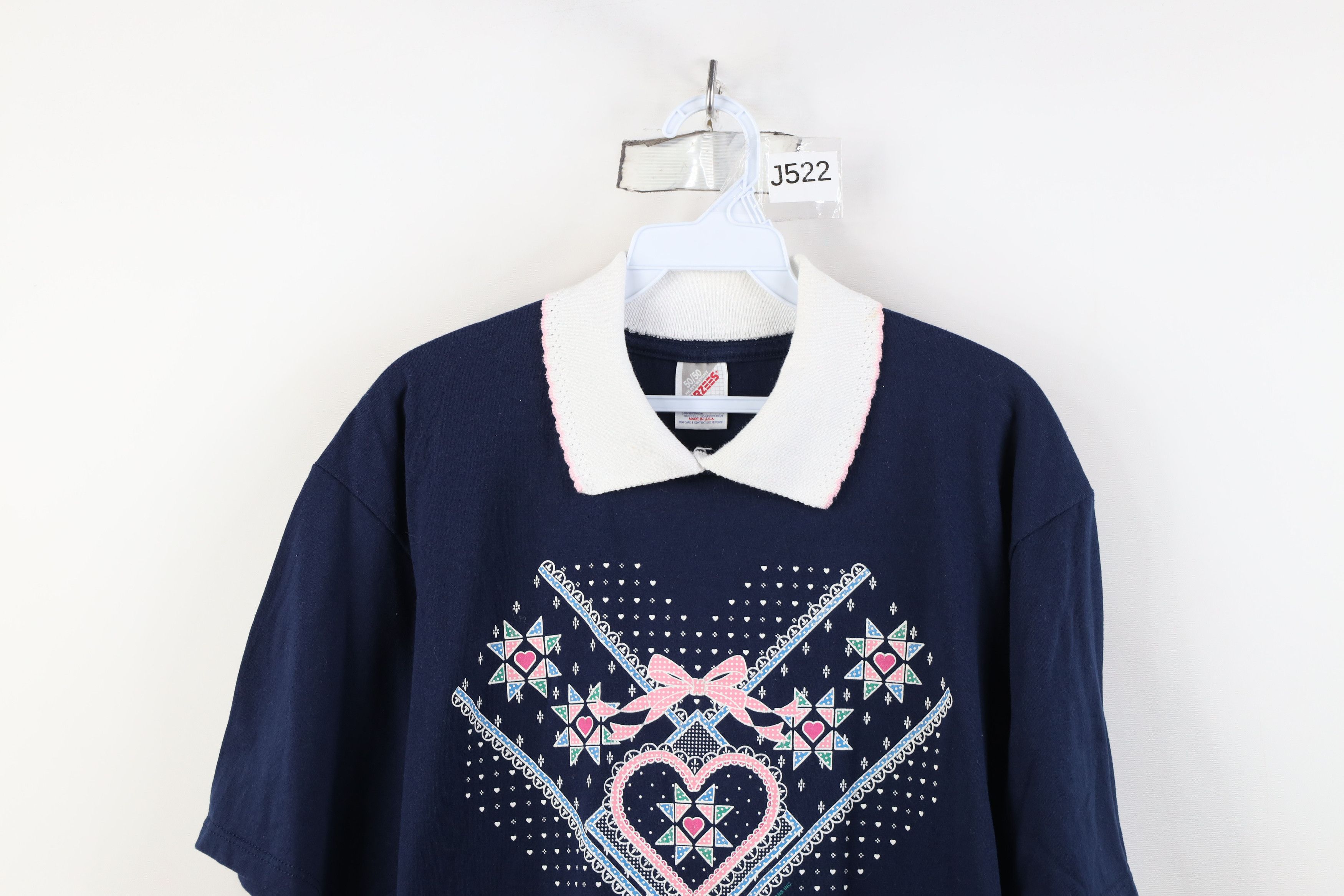 Vintage Vintage 90s Streetwear Quilt Heart Collared T-Shirt USA Size L / US 10 / IT 46 - 2 Thumbnail