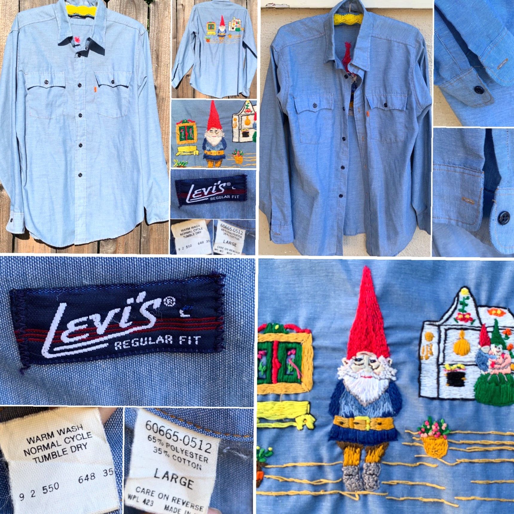 Vintage VINTAGE Levi’s Chambray Shirt Embroidered Gnome Gnomes Western Work Orange Tab L Shirt Men’s 1970s Blue PolyCotton Long Sleeve Slim Fit Casual Mens Size US L / EU 52-54 / 3 - 6 Thumbnail