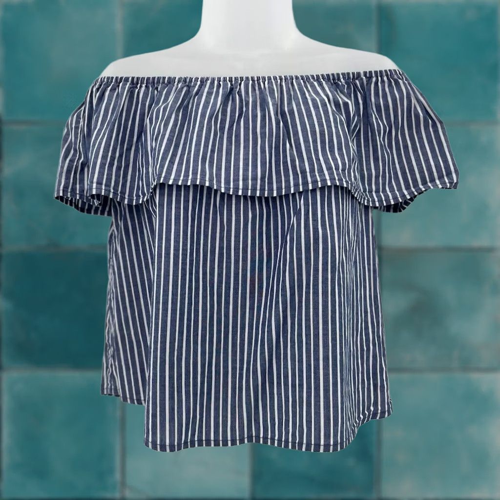 Vintage Xhilaration Blue & White Striped Off Shoulder 100% Cotton Blouse M Women Size M / US 6-8 / IT 42-44 - 1 Thumbnail