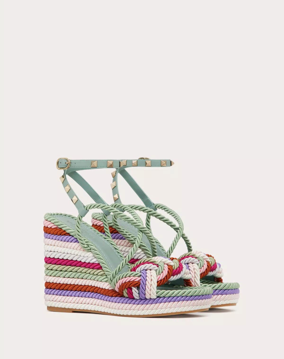 Valentino o1s1wg111125 Rockstud Wedge Sandals Silk Torchon Multicolor Size US 9 / IT 39 - 2 Thumbnail