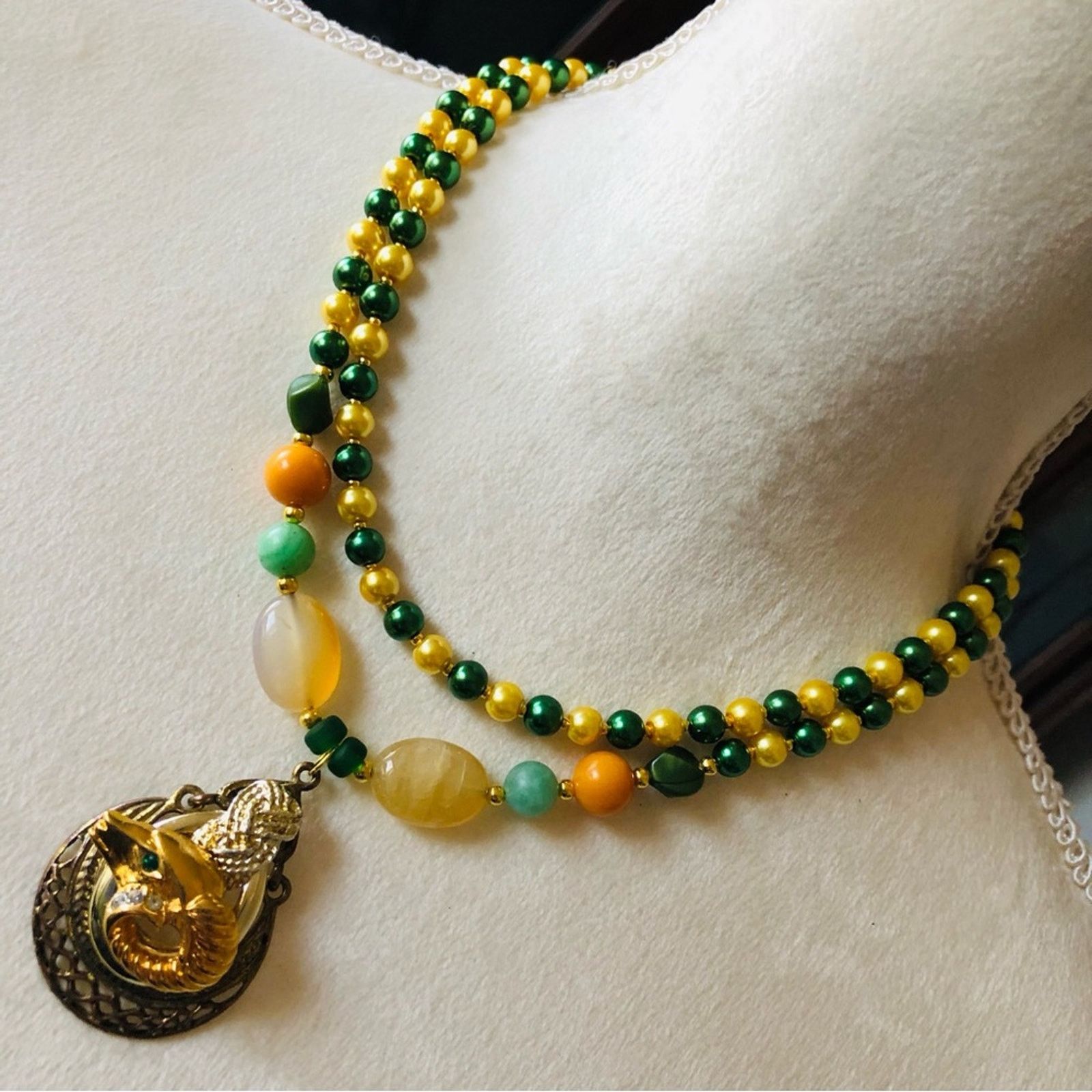 Handcrafted repurpose double strand KJL emerald ram necklace